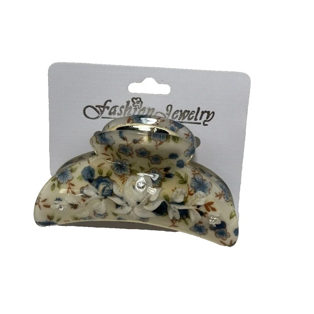 Floral‎ Hair Claw Clip Blue White Rose Rhinestone Gold Tone Spring Accessory